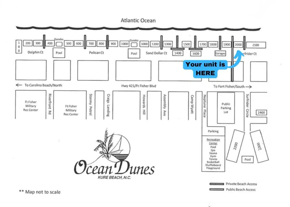 A comprehensive view of the Ocean Dunes resort layout, with the condo unit's location clearly marked and nearby amenities such as pools, beach access, and recreational areas visible. The image creates a sense of orientation within the resort and highlights proximity to on-site activities.
